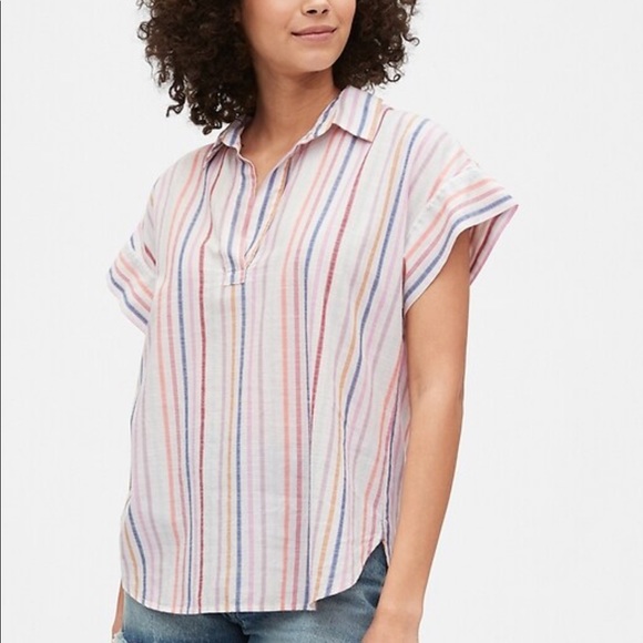 GAP Tops - NEW GAP Collared Cotton Popover Short Sleeve Top in Rainbow Multi Stripe